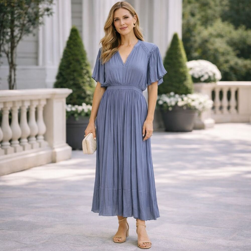 JOIE New Pleated Long Dress Granite Blue Short Sleeve Womenās Mediumā